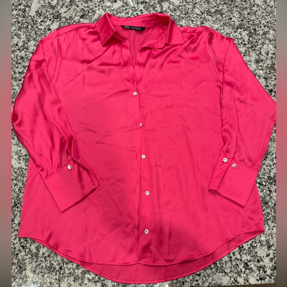Zara pink satin effect button down. Like new. Size Medium.